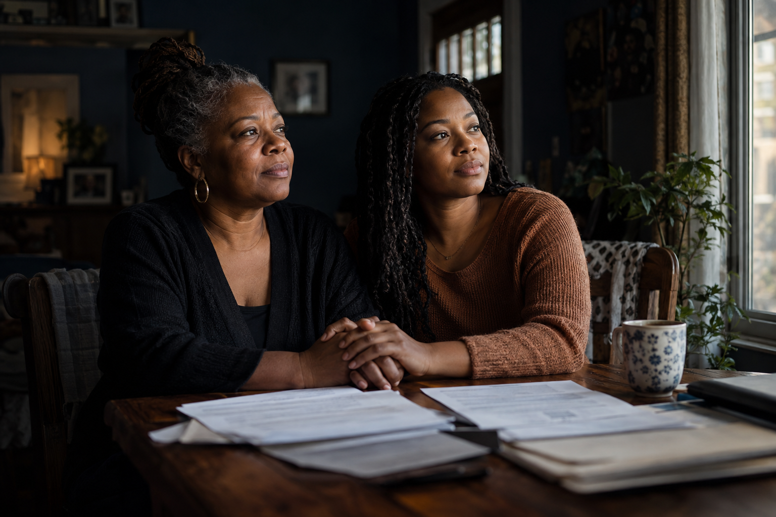 Illustrative portrait of a mother and daughter finding strength together at a table with documents