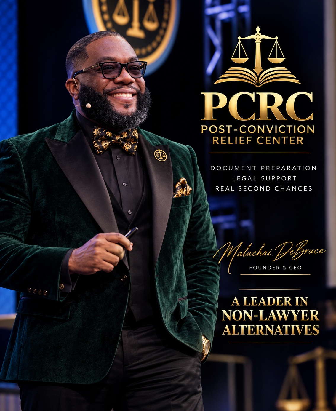Malachai DeBruce, founder and CEO of Post Conviction Relief Center, wearing a green suit and gold bow tie